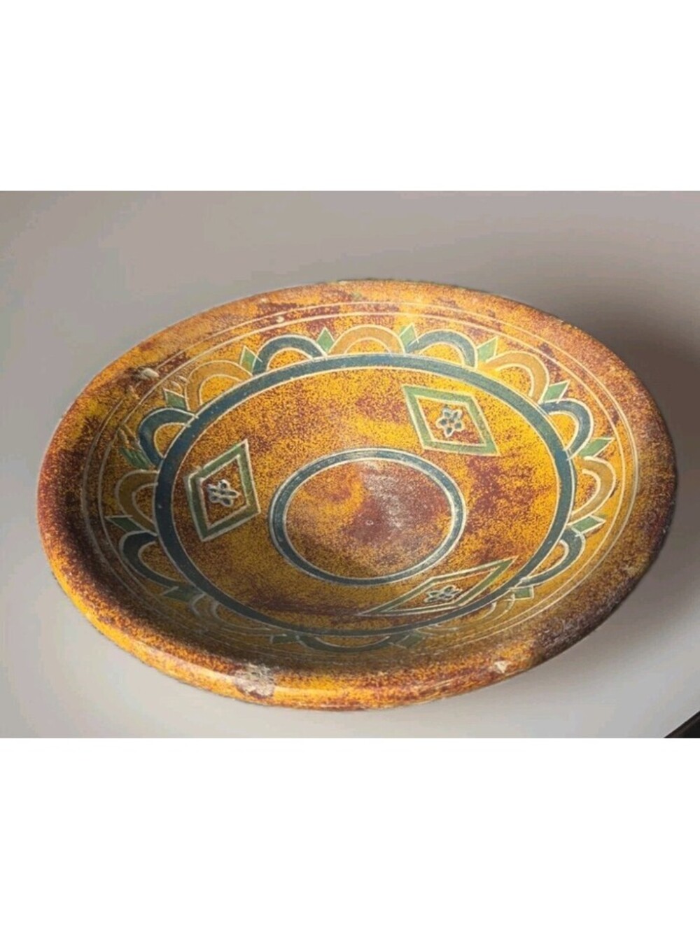 Vintage Aztec Design Round Ball Bottom Mexican Style Pottery Bowl Inca Ring 11.5
